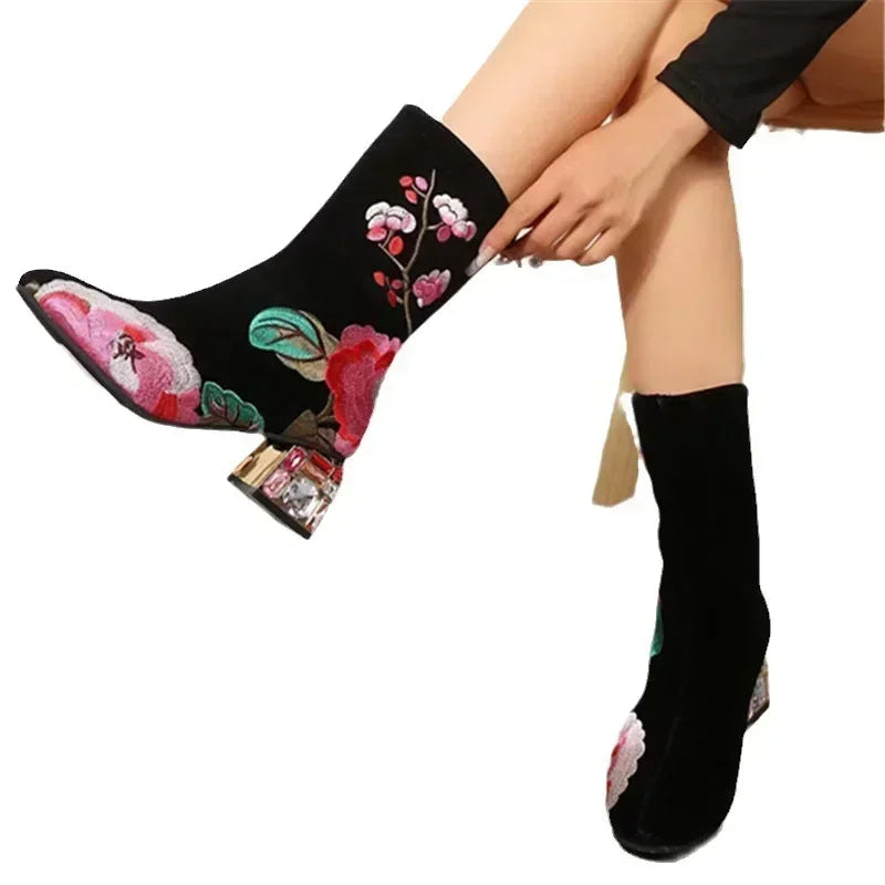 Flower Embroider Ankle Boots