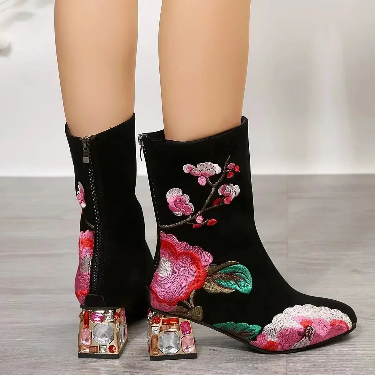 Flower Embroider Ankle Boots