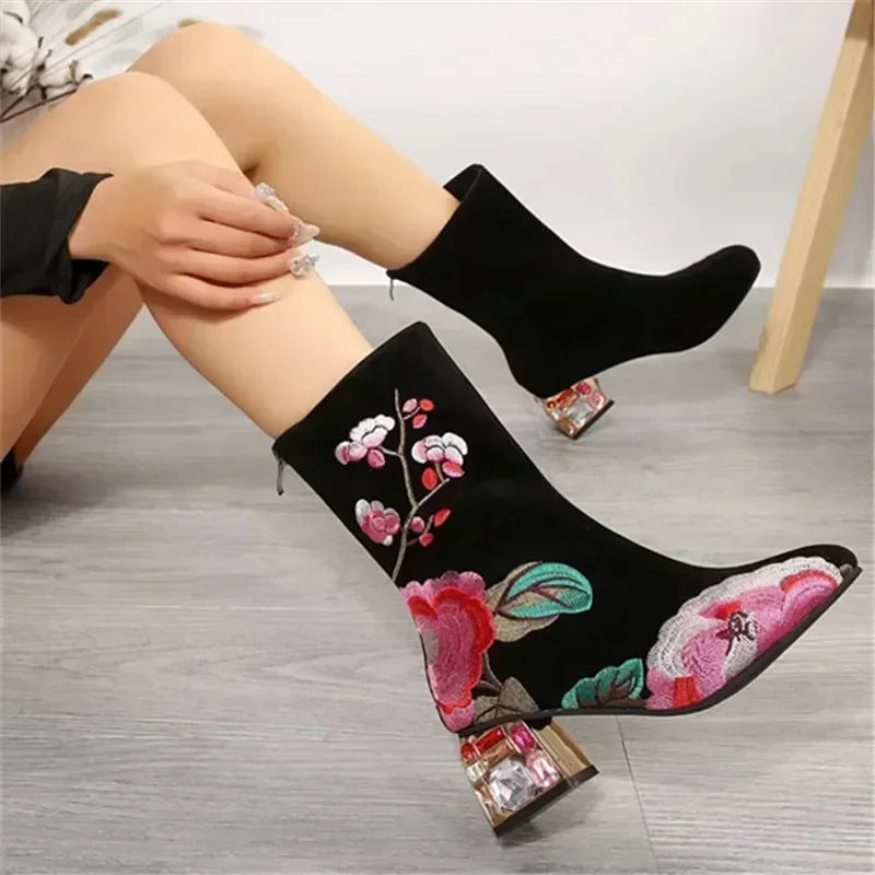 Flower Embroider Ankle Boots