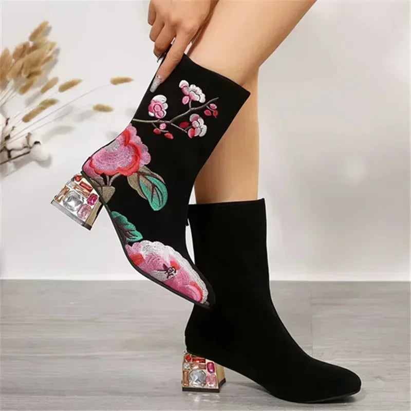 Flower Embroider Ankle Boots