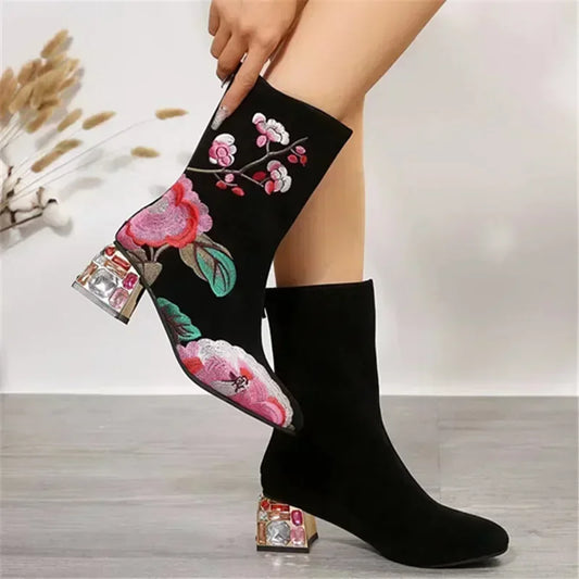 Flower Embroider Ankle Boots